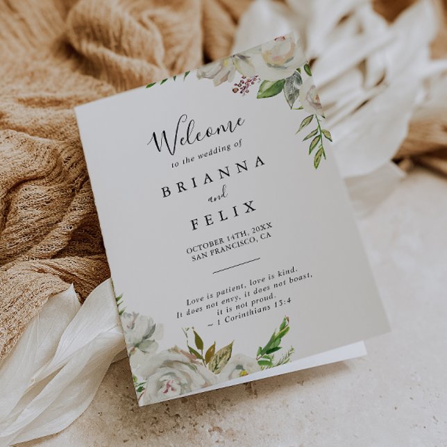 White Winter Peony Floral Folded Wedding Programme (Creator Uploaded)