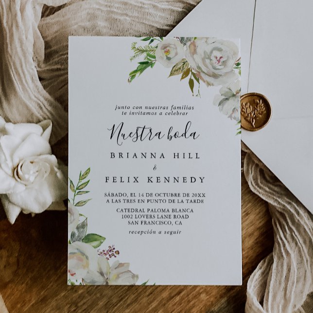 White Winter Peony Floral Nuestra Boda Wedding Invitation (Creator Uploaded)