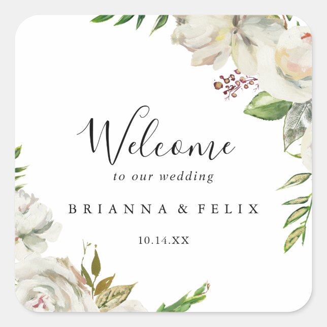 White Winter Peony Floral Wedding Welcome Square Sticker (Front)