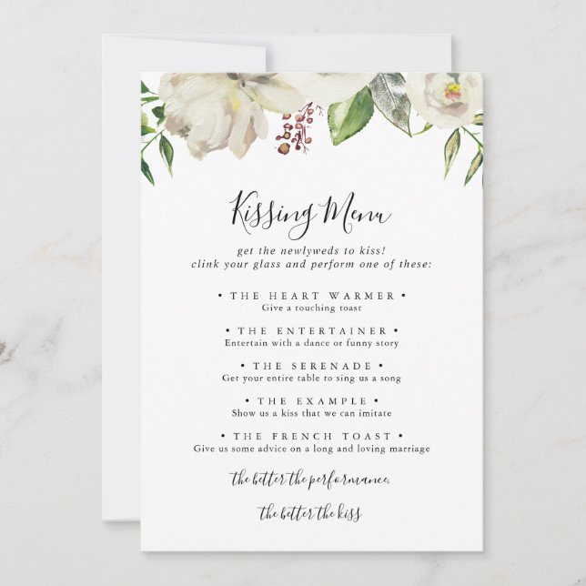 White Winter Peony Wedding Kissing Menu Game Card (Front)