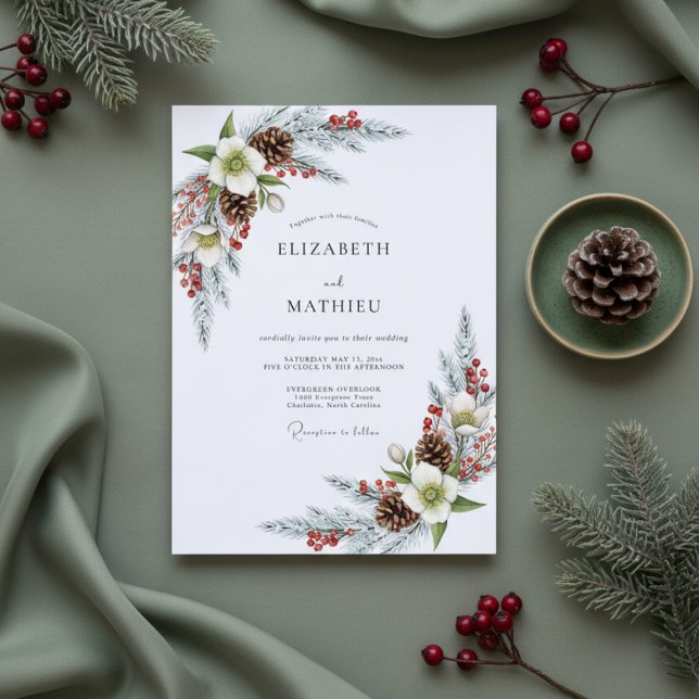 White Winter Pine Bloom Wedding Invitation (Creator Uploaded)