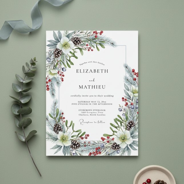 White Winter Pine Flourish Wedding Invitation (Creator Uploaded)