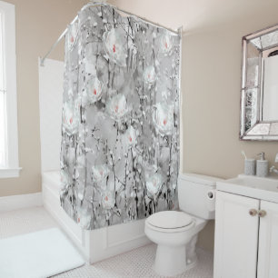 White winter rose floral pattern shower curtain