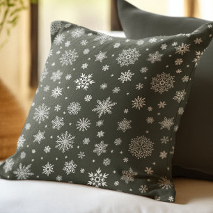 White Winter Snowflake Dark Pine Green Cushion