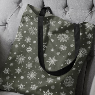 White Winter Snowflake Dark Pine Green Tote Bag