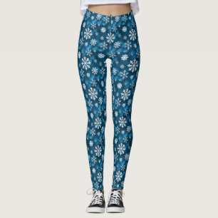 White Winter Snowflake Pattern On Icy Cool Blue Leggings