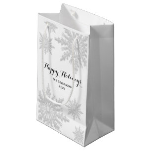 White Winter Snowflakes Happy Holidays Small Gift Bag
