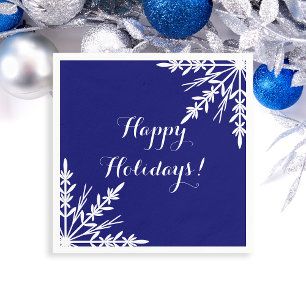 White Winter Snowflakes on Blue Happy Holidays Napkin