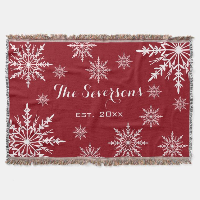White Winter Snowflakes on Red Throw Blanket (Front)