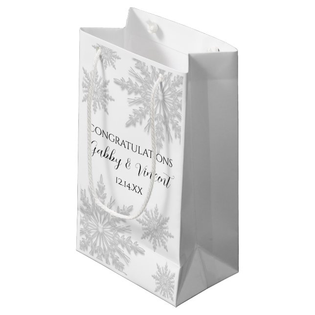 White Winter Snowflakes Wedding Congratulations Small Gift Bag (Front Angled)