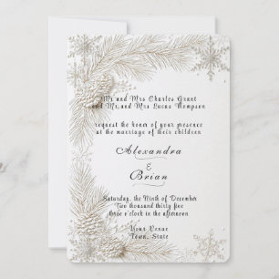 White Winter Wedding Pine Branches Snowflakes Invitation