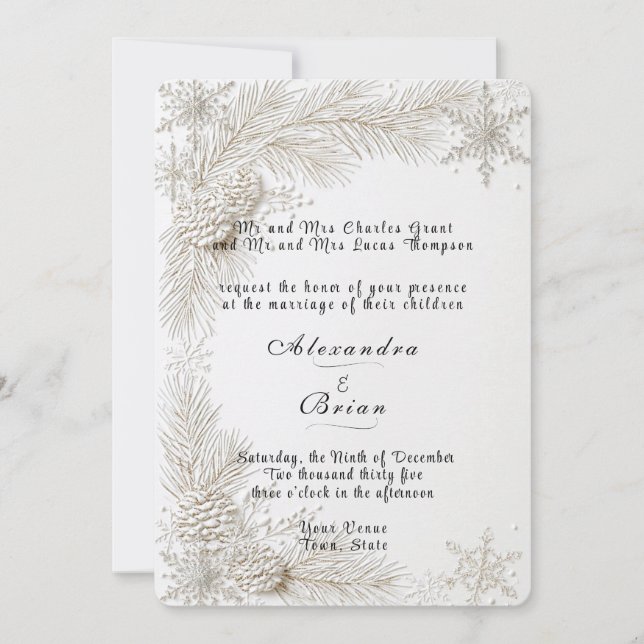White Winter Wedding Pine Branches Snowflakes  Invitation (Front)