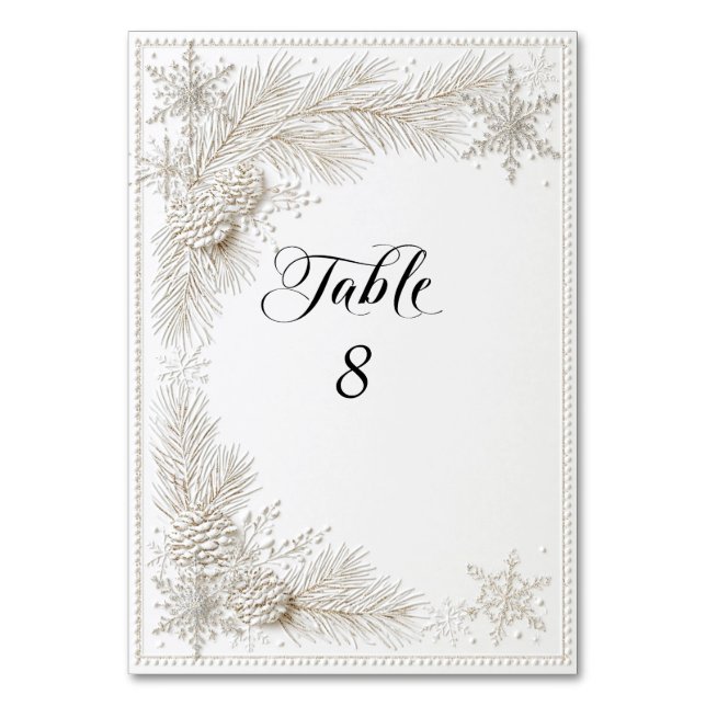 White Winter Wedding Pine Branches Snowflakes  Table Number (Front)