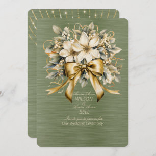 White Winterberry Green Leaf Gold Ribbon Christmas Invitation