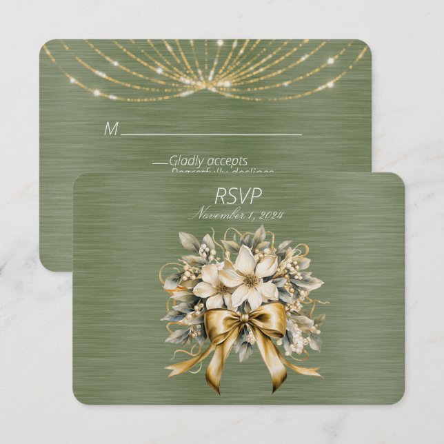 White Winterberry Green Leaf Gold Ribbon RSVP Card (Front/Back)