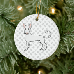 White Wire Haired Ibizan Hound Cartoon Dog & Paws Ceramic Tree Decoration