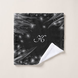 White wispy tendrils & stars on a black background wash cloth