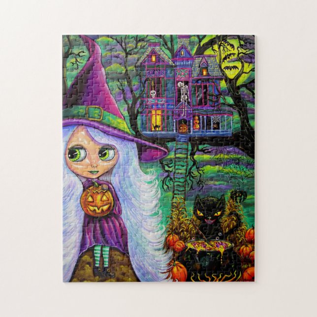 White Witch Haunted Tree House Black Cat Halloween Jigsaw Puzzle (Vertical)