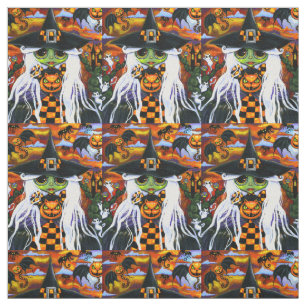 White Witch Kitty Ghosts Pumpkins Halloween Fabric