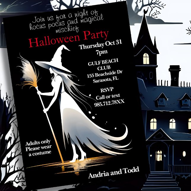 White witch with broomstick halloween Party Invitation (Creator Uploaded)