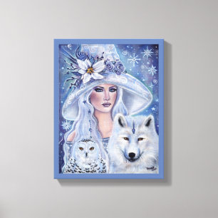 White witch with wolf and owl art by Renee Lavoie Canvas Print