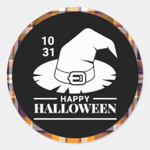 White Witches Hat Halloween Black/Orange Plaid Classic Round Sticker