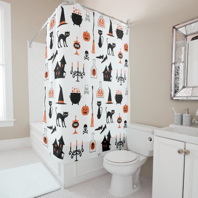White Witchy Kids Halloween Print Shower Curtain (In Situ)