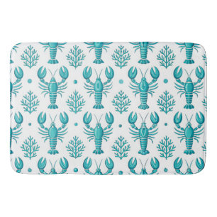 WHITE WITH AQUA GREEN LOBSTERS AND AQUATIC PLANTS BATH MAT