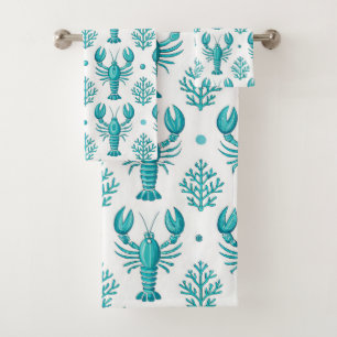 WHITE WITH AQUA GREEN LOBSTERS AND AQUATIC PLANTS BATH TOWEL SET