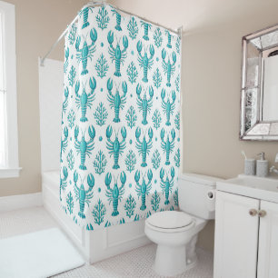 WHITE WITH AQUA GREEN LOBSTERS AND AQUATIC PLANTS SHOWER CURTAIN