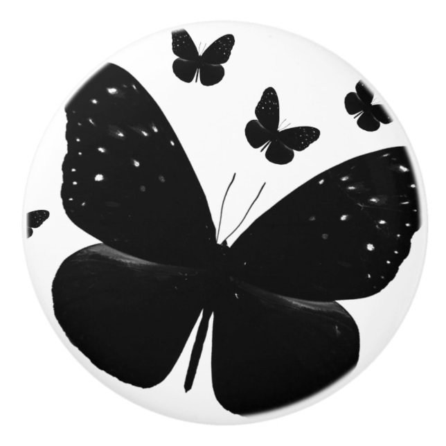 White with Black Butterflies Chic Butterfly Decor Ceramic Knob (Front)