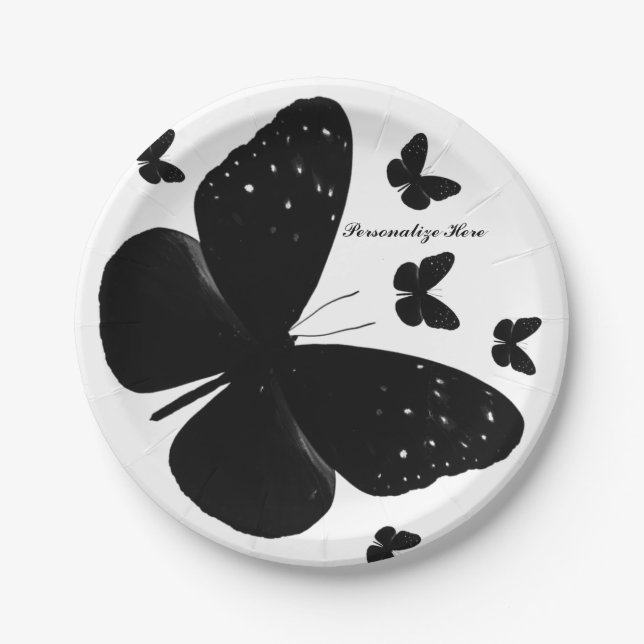 White with Black Butterflies Custom Chic Party Paper Plate (Front)