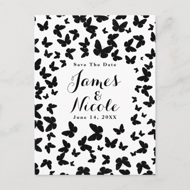 White with Black Butterflies Save the Date Announcement Postcard (Front)