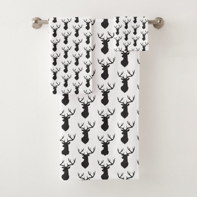 WHITE WITH BLACK DEER HEADS PATTERN BATH TOWEL SET (Insitu)