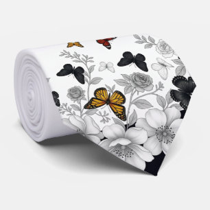 White with Black Floral and butterflies Tie