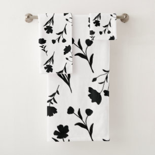 White With Black Flowers Pattern Bath Towel Set