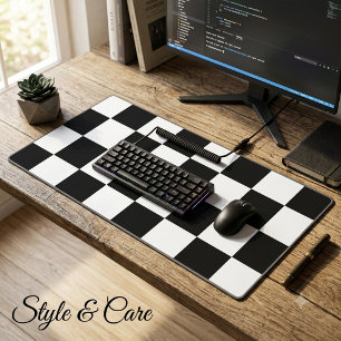 White with Black Large Square Style Pattern Desk Mat