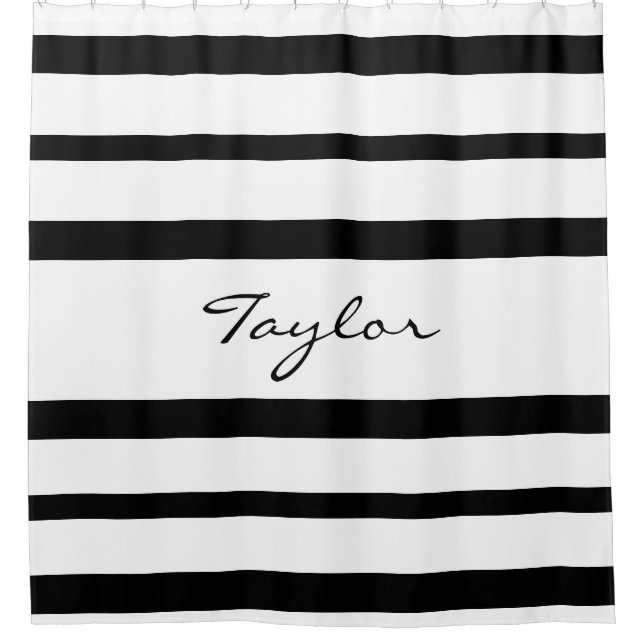 White with Black Stripe Custom Name Simply Elegant Shower Curtain (Front)