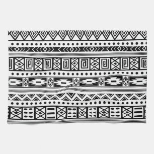 White With Black Tribal Ikat Seamless Pattern Tea Towel