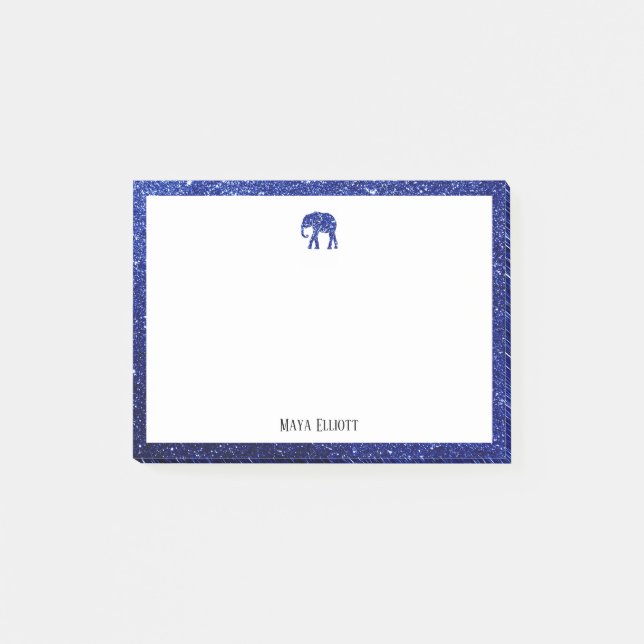 White with Blue Glitter Elephant & Border w/ Name Post-it Notes (Front)