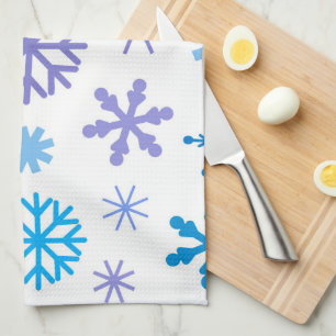WHITE WITH BLUE & PURPLE WINTER SNOWFLAKES TEA TOWEL