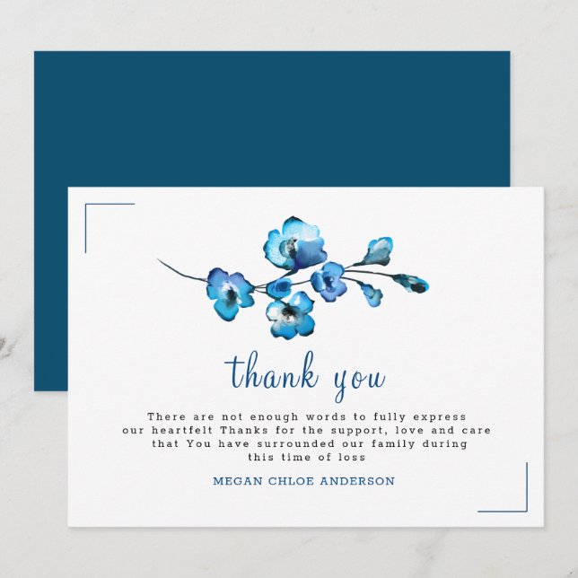 White with Blue Rustic Flowers Watercolor Thank You Card (Front/Back)