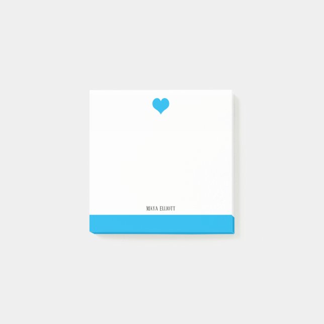 White with Bright Sky Blue Heart & Border + Name Post-it Notes (Front)
