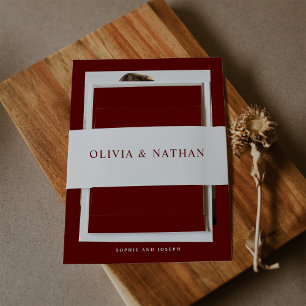 White with Dark Red Text Wedding Invitation Belly Band