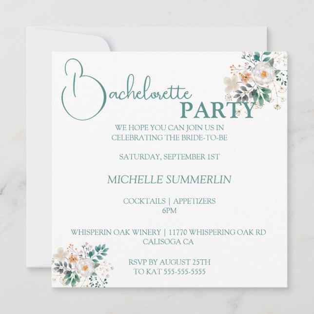 White with Flowers Bachelorette Party Invitation (Front)