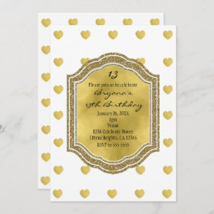 White with Gold Hearts Birthday Party Invitations