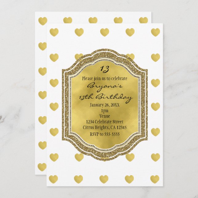 White with Gold Hearts Birthday Party Invitations (Front/Back)