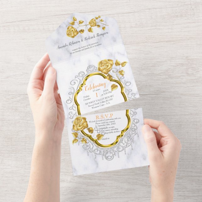 White with Gold lace and Roses All In One Invitation (Tearaway)