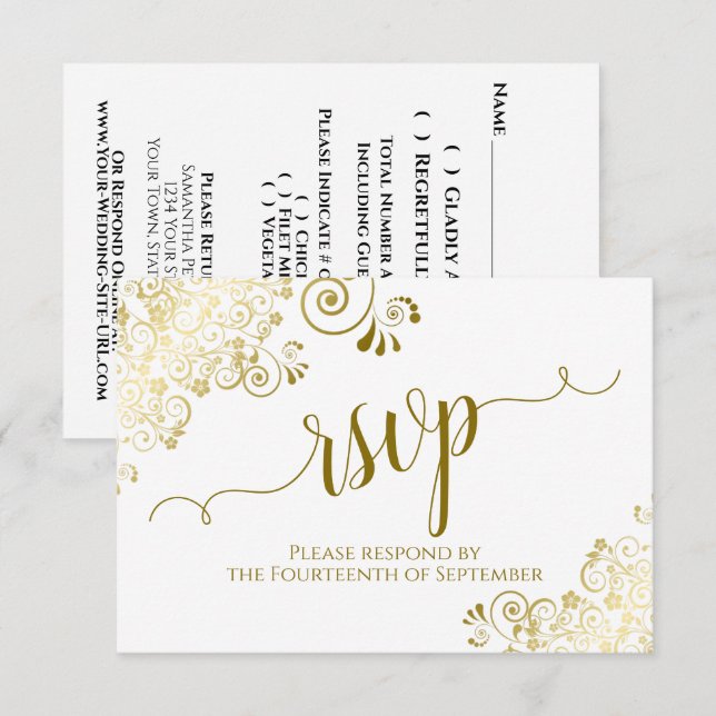White with Gold Lace Elegant Calligraphy Wedding RSVP Card (Front/Back)