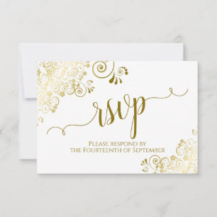 White with Gold Lace Elegant Calligraphy Wedding RSVP Card